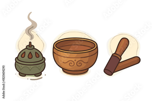Spiritual objects set with smoking censer and singing bowl with wooden striker