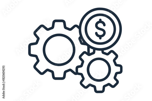 Interlocking gears driving a dollar coin symbolizing financial process and wealth generation