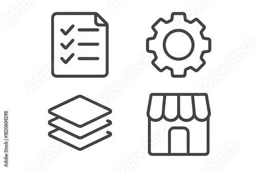 Business and web interface symbols: checklist, settings gear, layers stack, and storefront