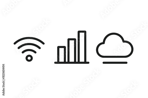 Wireless network connectivity, data signal strength, and cloud computing technology icons