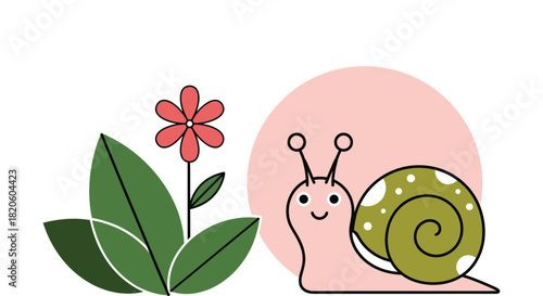 Cute snail illustration with flower and leaves vector graphic art