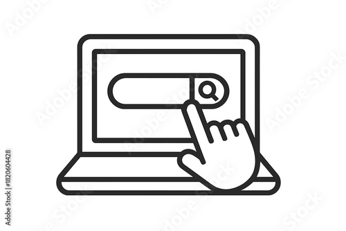 Online search bar interface on a laptop screen with a hand cursor clicking the magnifying glass icon