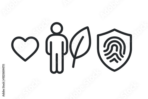 Outline symbols representing health, user profile, nature, and biometric security