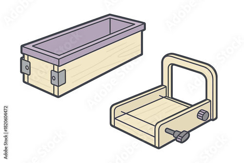 Set of wooden soap making tools including a rectangular loaf mold and adjustable wire cutter