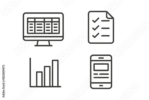 Business and data analysis icon set featuring monitor, checklist, bar chart, and mobile device symbols