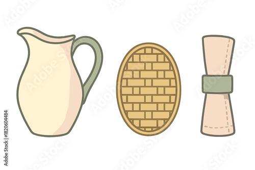 Stylized set of kitchenware accessories including a cream jug, woven placemat, and folded cloth napkin