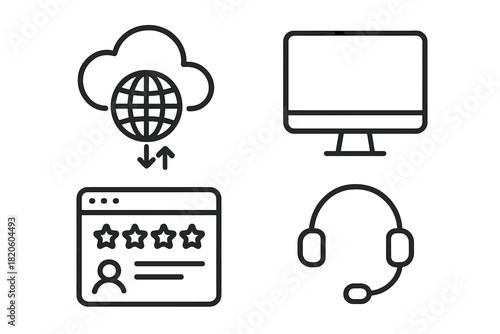 Essential technology and business symbols: cloud, desktop, customer review, and headset