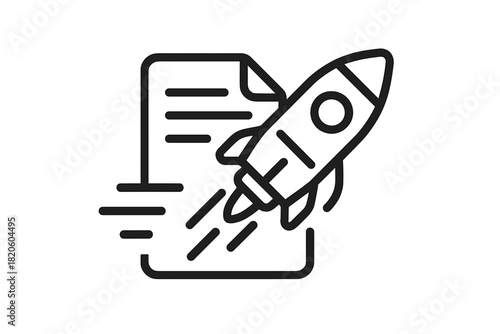 Outline graphic of a rocket launching from a document representing project speed