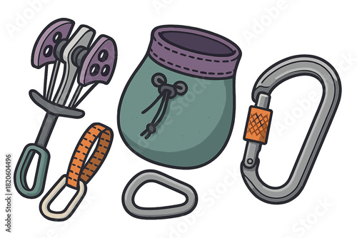Assortment of rock climbing safety gear including camming device and carabiners