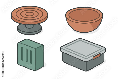 Isometric pottery wheel, clay block, mixing bowl, and storage container