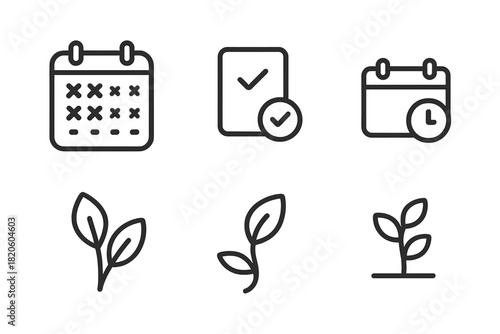 Collection of line icons for scheduling, task management, deadlines, and natural growth concepts