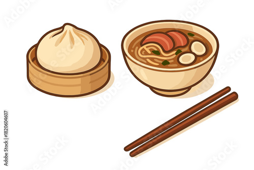 Steamed dumpling and hot noodle soup bowl with chopsticks representing Asian cuisine