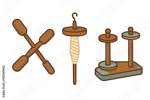 Traditional wooden tools used for hand spinning yarn and fiber arts production