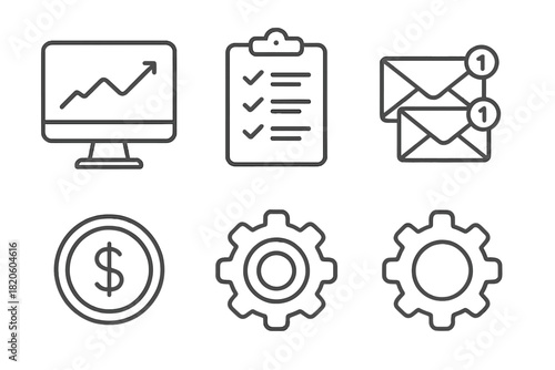 Essential business and finance symbols featuring analytics, checklist, mail, money, and settings