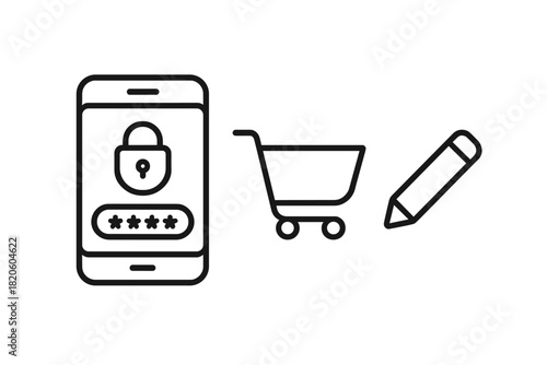 Mobile phone security, e-commerce shopping cart, and pencil editing line icons