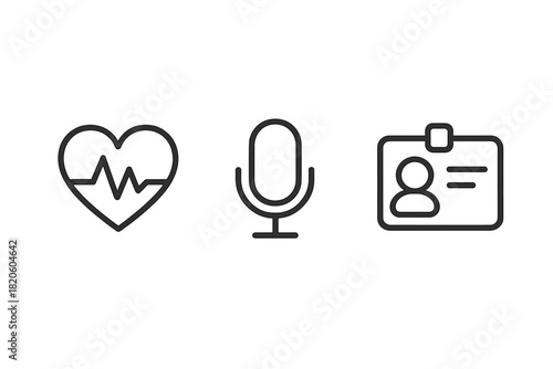 Outline icons for UI design including heartbeat monitor, microphone, and ID badge symbols