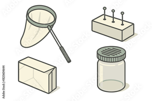 Isometric set of equipment for entomology research and insect specimen preparation