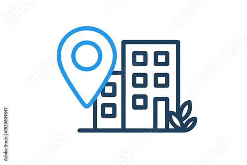 Blue location pin marker placed over a modern corporate building structure for business address navigation