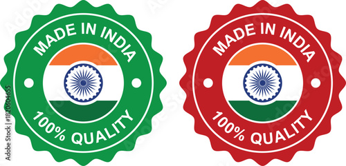 Green and red "Made in India 100% Quality" circular badges with Indian flag emblem.