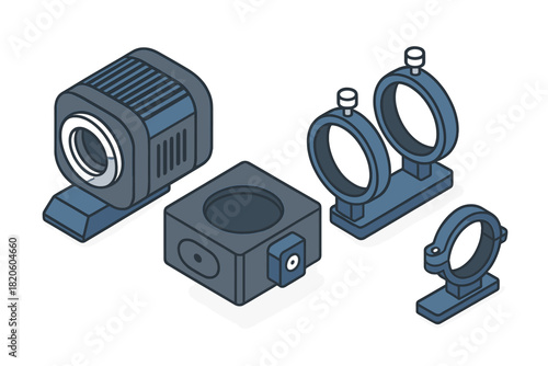 Isometric view of optical and scientific equipment components, camera module, and mounting rings