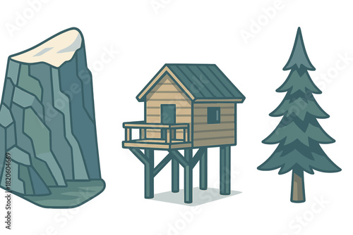 Isolated set of outdoor elements featuring a steep rocky mountain, wooden stilt cabin, and tall evergreen tree