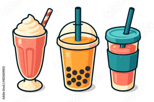 Refreshing cold drinks set with milkshake, bubble tea, and reusable travel tumbler
