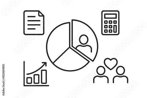 Essential business and finance icons set for data analysis, reports, and customer relationship management