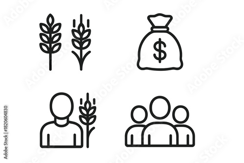 Outline icons for agriculture, farming, finance, and community concepts