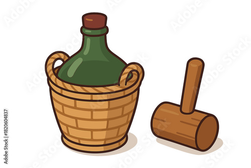 Green glass carboy demijohn in wicker basket next to wooden bung starter mallet for brewing winemaking
