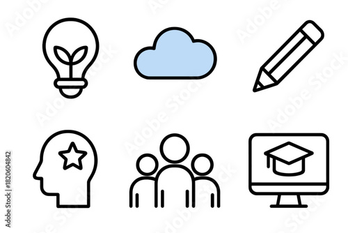 Essential business and education symbols for ideas, cloud storage, learning, and teamwork