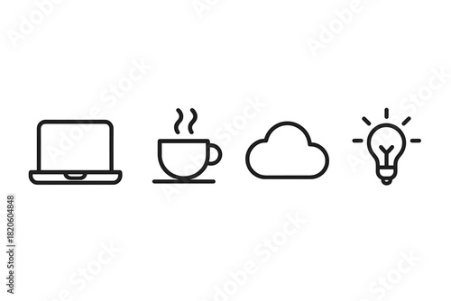 Simple line symbols representing technology, coffee break, cloud computing, and creative ideas