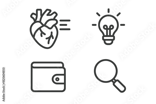 Anatomical heart, illuminated lightbulb, closed wallet, and magnifying glass outline symbols