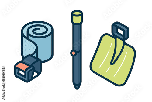 Outdoor survival gear set featuring a rolled sleeping mat, trekking pole, and shovel