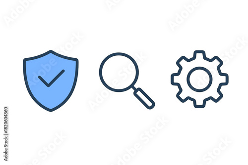 Security shield, search magnifying glass, and settings gear icons for web interfaces