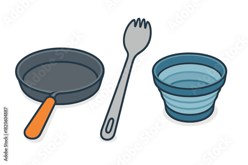 Essential outdoor cooking and eating equipment including a skillet, spork, and collapsible cup