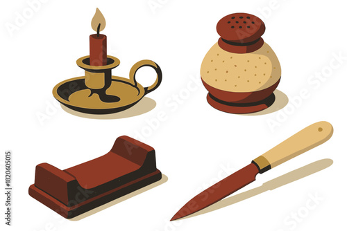 Antique household items collection featuring a burning candle, shaker, and letter opener