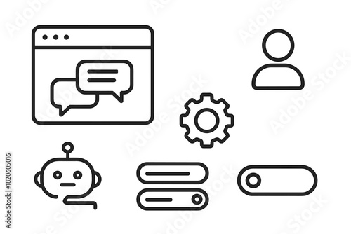 Modern outline icons for artificial intelligence, chatbot interface, user settings, and communication