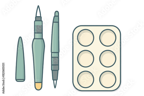 Essential art and craft supplies featuring a brush marker, capped pen, and six-hole paint palette