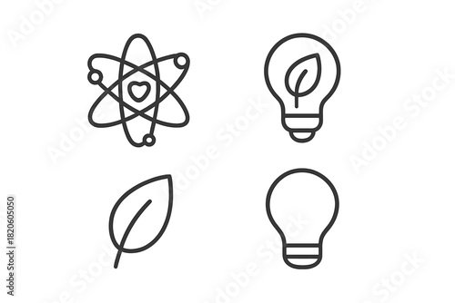 Outline graphics representing science, ecology, energy, atom, leaf, and lightbulb concepts