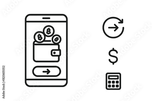 Mobile phone screen displaying digital wallet with cryptocurrency coins and financial transaction icons