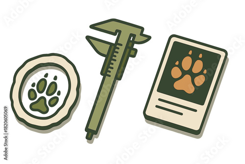 Wildlife tracking evidence set with caliper, animal paw print cast, and ID card