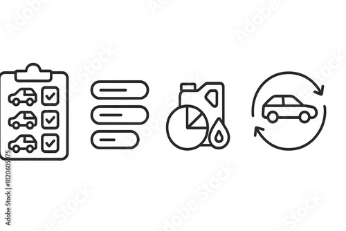 Automotive service checklist, oil change schedule, and vehicle renewal process symbols