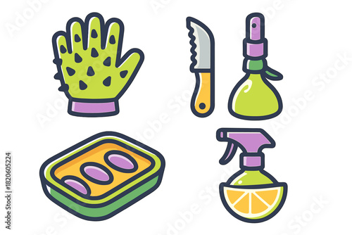 Colorful collection of household and gardening tools including glove, knife, sponge, and spray bottles