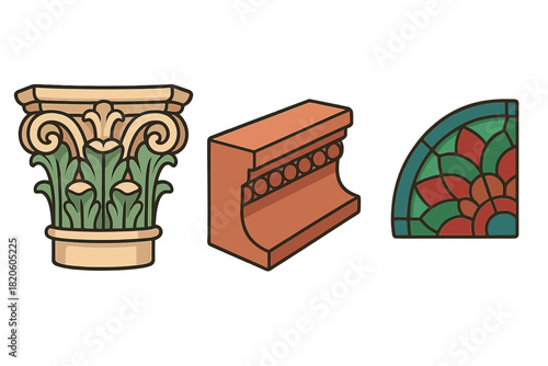 Classical architectural details set with Corinthian column capital, cornice, and stained glass