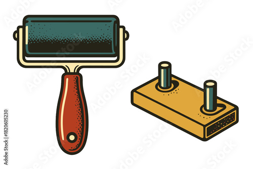Classic printmaking tools with hand brayer roller and wooden stamp block