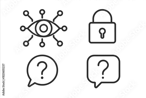 Essential line icons representing digital security, network surveillance, and user FAQ