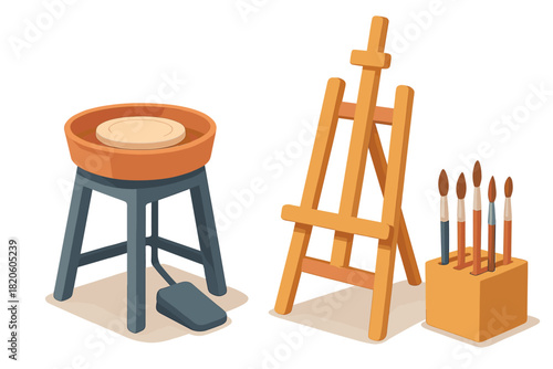 Essential equipment set featuring a pottery wheel, wooden easel, and paintbrushes