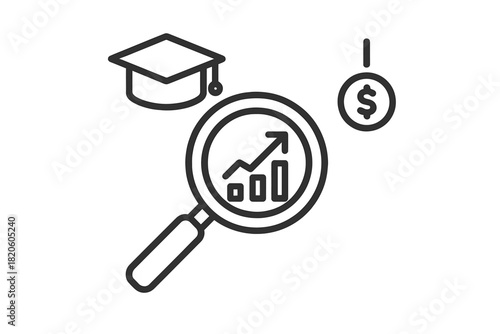Analyzing education investment and financial success with magnifying glass and growth chart