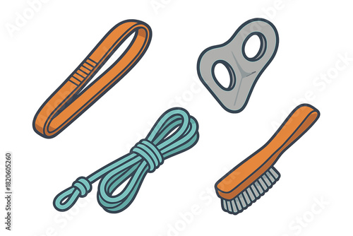 Essential rock climbing and bouldering equipment set: rope, webbing, belay device, and brush
