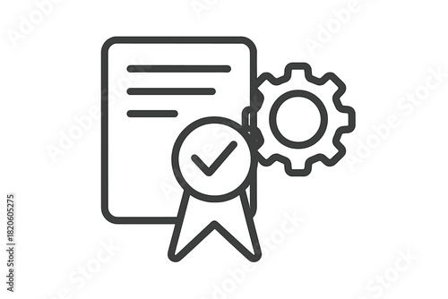 Quality management compliance certified document process settings with gear and checkmark badge